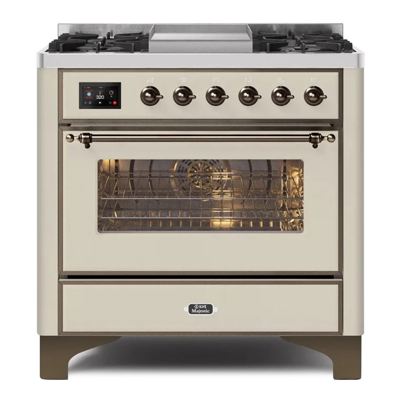 ILVE UM09FDNS3AWBLP Majestic II 36" Dual Fuel Range  (Antique White, Bronze, Liquid Propane, Triple Glass Door)