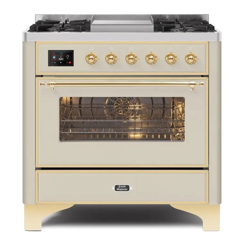 ILVE UM09FDNS3AWGLP Majestic II 36" Dual Fuel Range  (Antique White, Brass, Liquid Propane, Triple Glass Door)