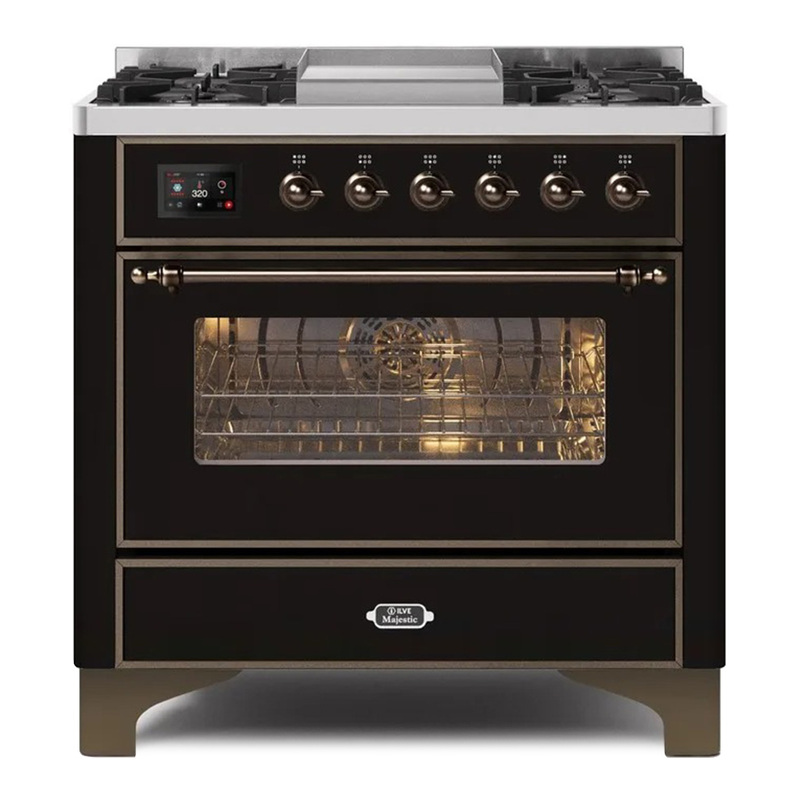 ILVE UM09FDNS3BKB Majestic II 36" Dual Fuel Range  (Glossy Black, Bronze, Natural Gas, Triple Glass Door)