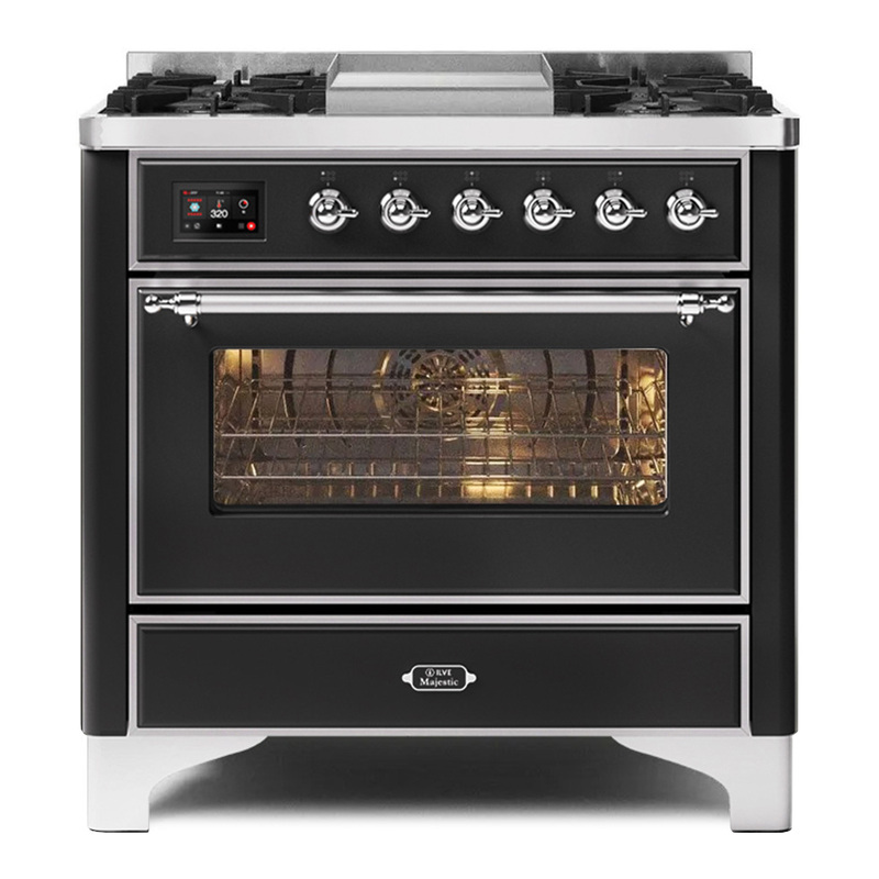 ILVE UM09FDNS3BKCLP Majestic II 36" Dual Fuel Range  (Glossy Black, Chrome, Liquid Propane, Triple Glass Door)