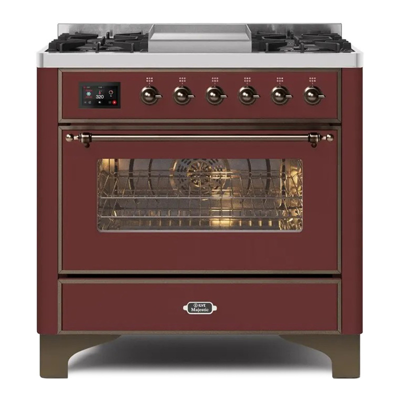 ILVE UM09FDNS3BUBLP Majestic II 36" Dual Fuel Range  (Burgundy, Burnished, Liquid Propane, Triple Glass Door)