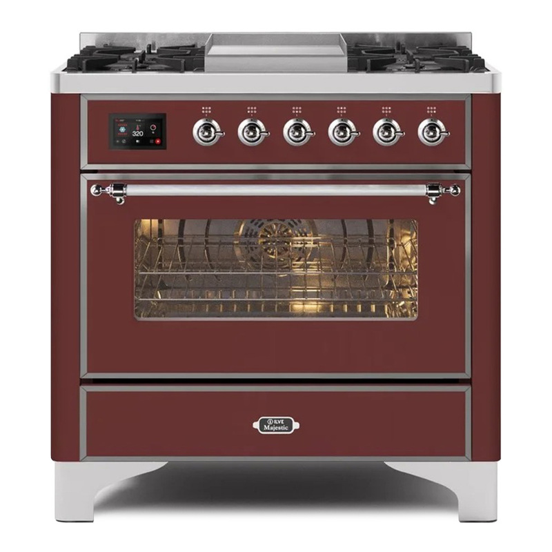 ILVE UM09FDNS3BUCLP Majestic II 36" Dual Fuel Range  (Burgundy, Chrome, Liquid Propane, Triple Glass Door)