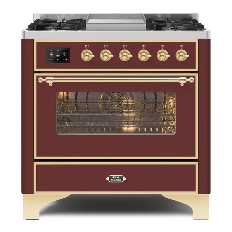 ILVE UM09FDNS3BUGLP Majestic II 36" Dual Fuel Range  (Burgundy, Brass, Liquid Propane, Triple Glass Door)