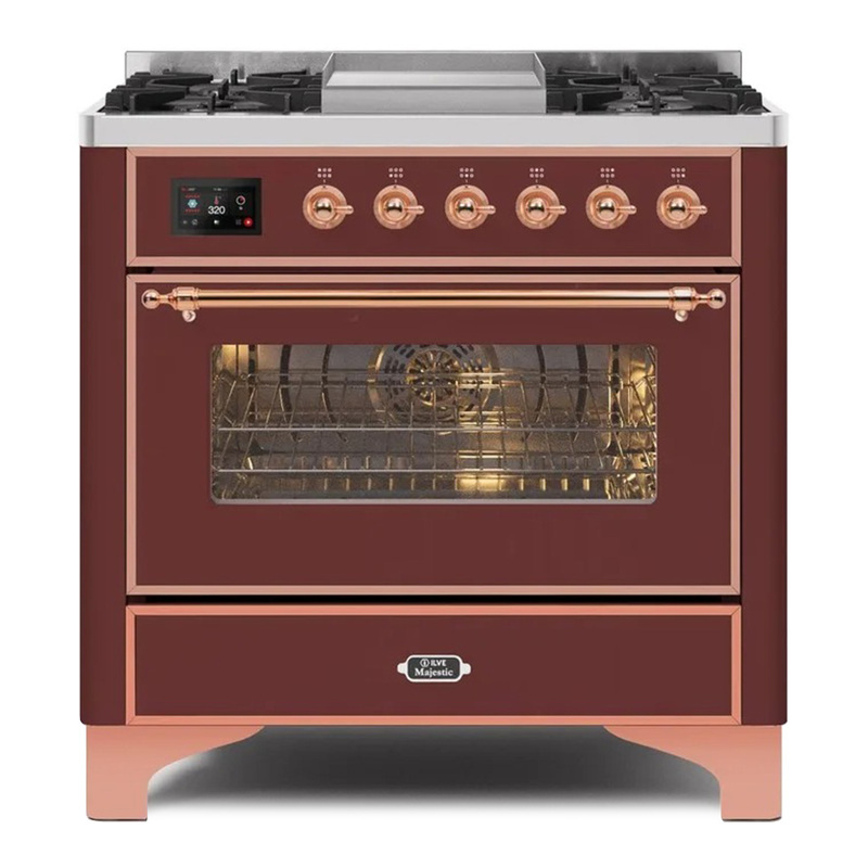 ILVE UM09FDNS3BUPLP Majestic II 36" Dual Fuel Range  (Burgundy, Copper, Liquid Propane, Triple Glass Door)