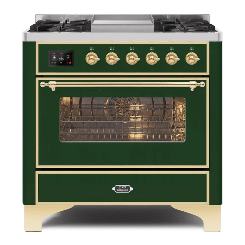 ILVE UM09FDNS3EGGLP Majestic II 36" Dual Fuel Range  (Emerald Green, Brass, Liquid Propane, Triple Glass Door)