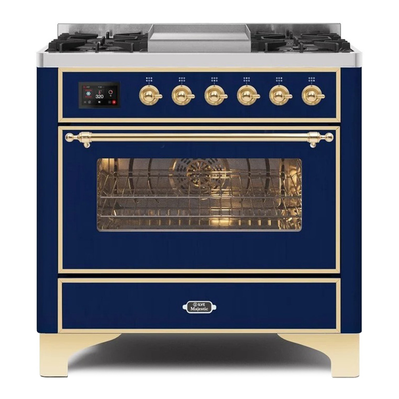 ILVE UM09FDNS3MBG Majestic II 36" Dual Fuel Range  (Midnight Blue, Brass, Natural Gas, Triple Glass Door)