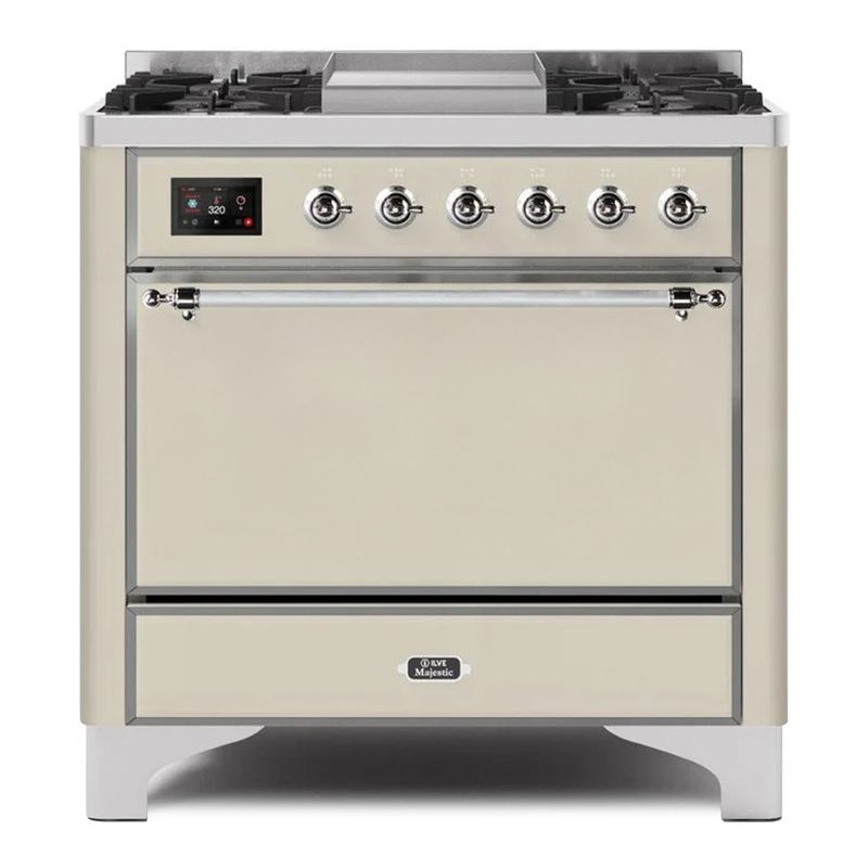 ILVE UM09FDQNS3AWCLP Majestic II 36" Dual Fuel Range  (Antique White, Chrome, Liquid Propane, Solid Door)