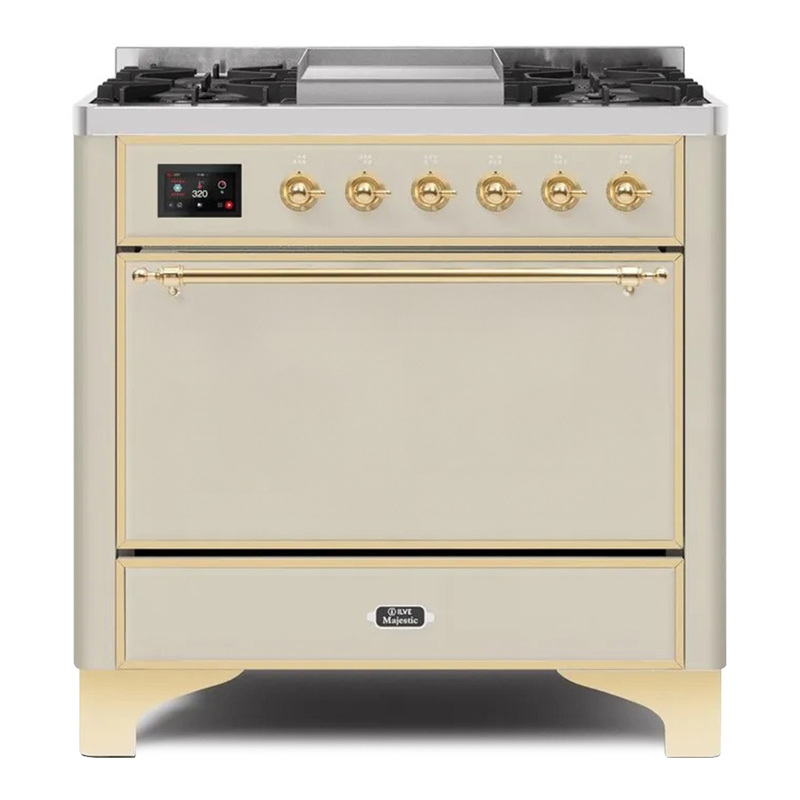 ILVE UM09FDQNS3AWGLP Majestic II 36" Dual Fuel Range  (Antique White, Brass, Liquid Propane, Solid Door)