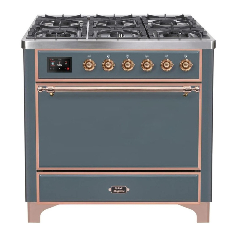 ILVE UM09FDQNS3BGPLP Majestic II 36" Dual Fuel Range  (Blue Grey, Copper, Liquid Propane, Solid Door)