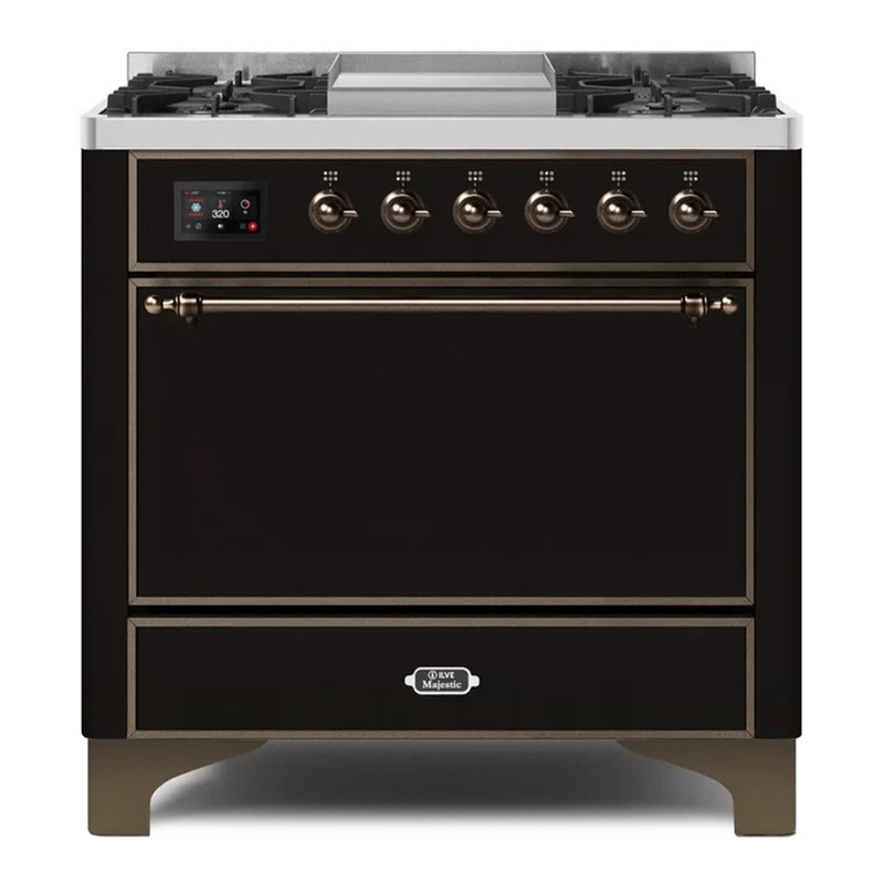 ILVE UM09FDQNS3BKBLP Majestic II 36" Dual Fuel Range  (Glossy Black, Bronze, Liquid Propane, Solid Door)