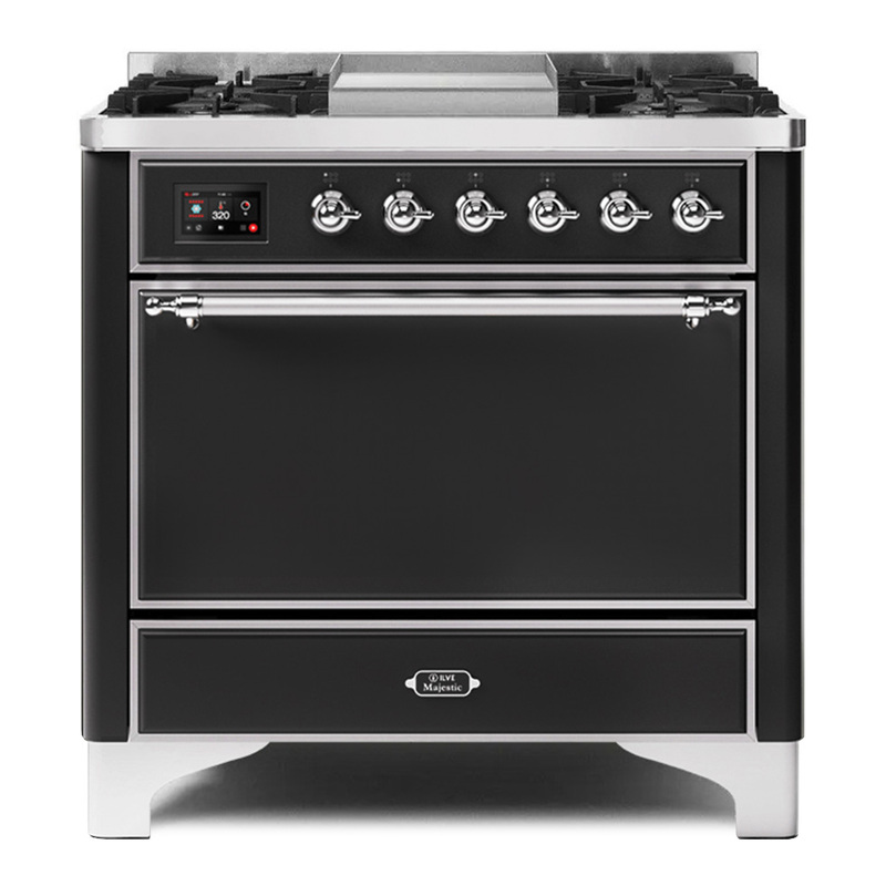 ILVE UM09FDQNS3BKCLP Majestic II 36" Dual Fuel Range  (Glossy Black, Chrome, Liquid Propane, Solid Door)