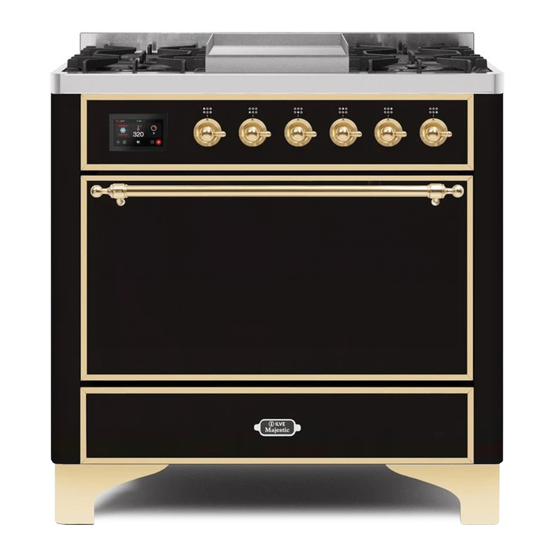 ILVE UM09FDQNS3BKG Majestic II 36" Dual Fuel Range  (Glossy Black, Brass, Natural Gas, Solid Door)