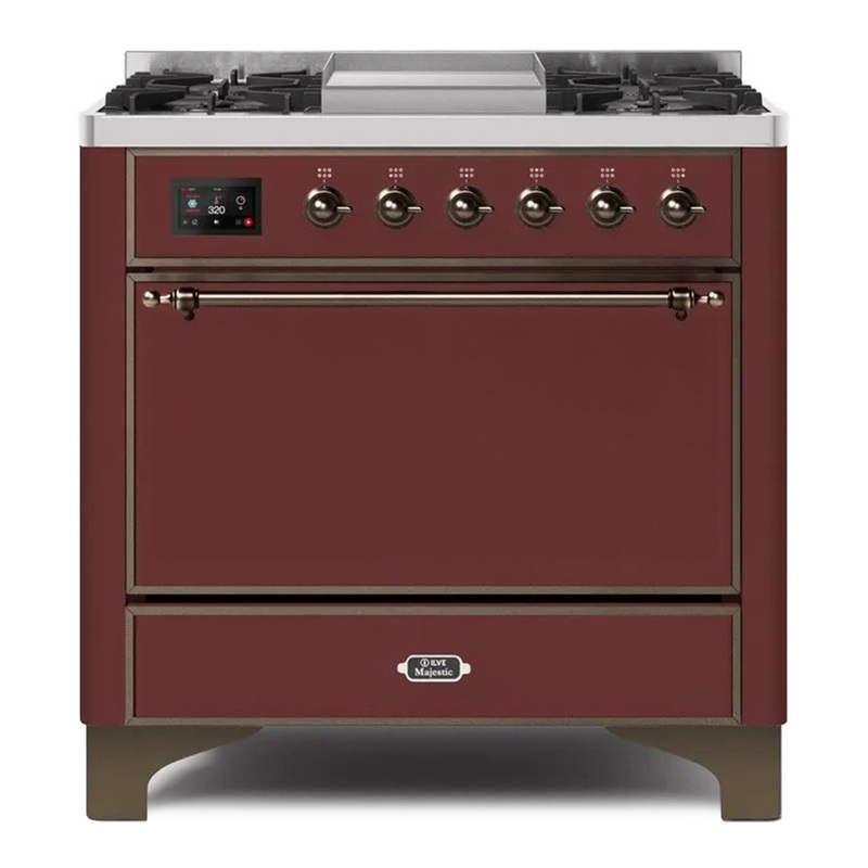 ILVE UM09FDQNS3BUBLP Majestic II 36" Dual Fuel Range  (Burgundy, Bronze, Liquid Propane, Solid Door)