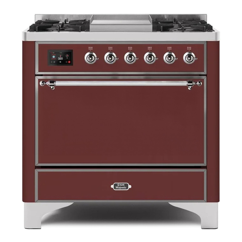 ILVE UM09FDQNS3BUC Majestic II 36" Dual Fuel Range  (Burgundy, Chrome, Natural Gas, Solid Door)