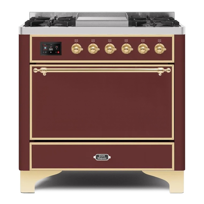 ILVE UM09FDQNS3BUGLP Majestic II 36" Dual Fuel Range  (Burgundy, Brass, Liquid Propane, Solid Door)