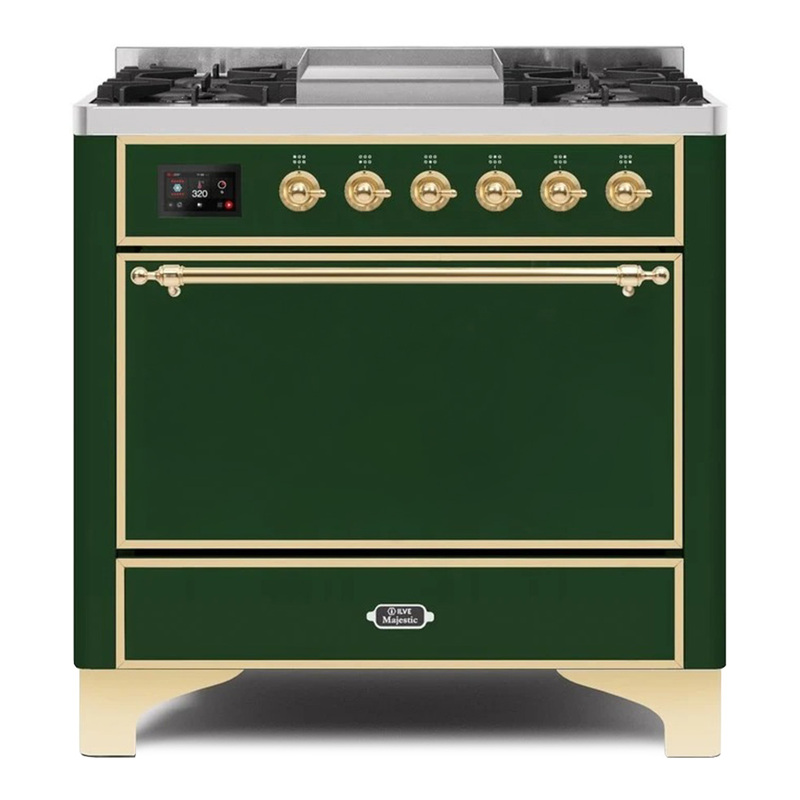 ILVE UM09FDQNS3EGGLP Majestic II 36" Dual Fuel Range  (Emerald Green, Brass, Liquid Propane, Solid Door)