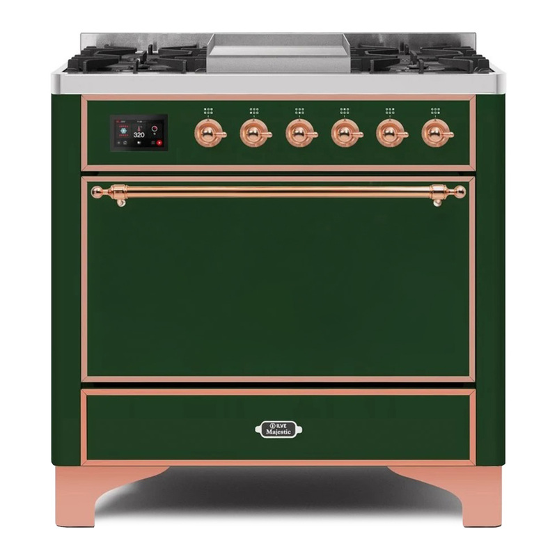 ILVE UM09FDQNS3EGPLP Majestic II 36" Dual Fuel Range  (Emerald Green, Copper, Liquid Propane, Solid Door)