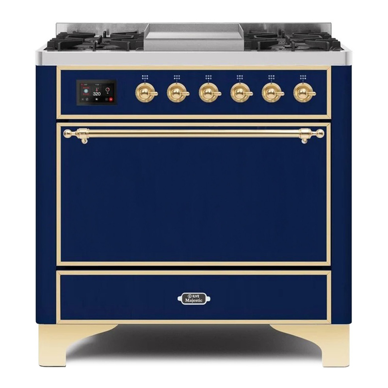 ILVE UM09FDQNS3MBGLP Majestic II 36" Dual Fuel Range  (Midnight Blue, Brass, Liquid Propane, Solid Door)