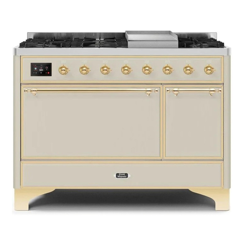 ILVE UM12FDQNS3AWG Majestic II 48" Dual Fuel Range (Natural Gas, Solid Door, Antique White, Brass)