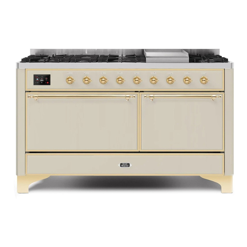 ILVE UM15FDQNS3AWG Majestic II 60" Dual Fuel Range (Natural Gas, Solid Door, Antique White, Brass)