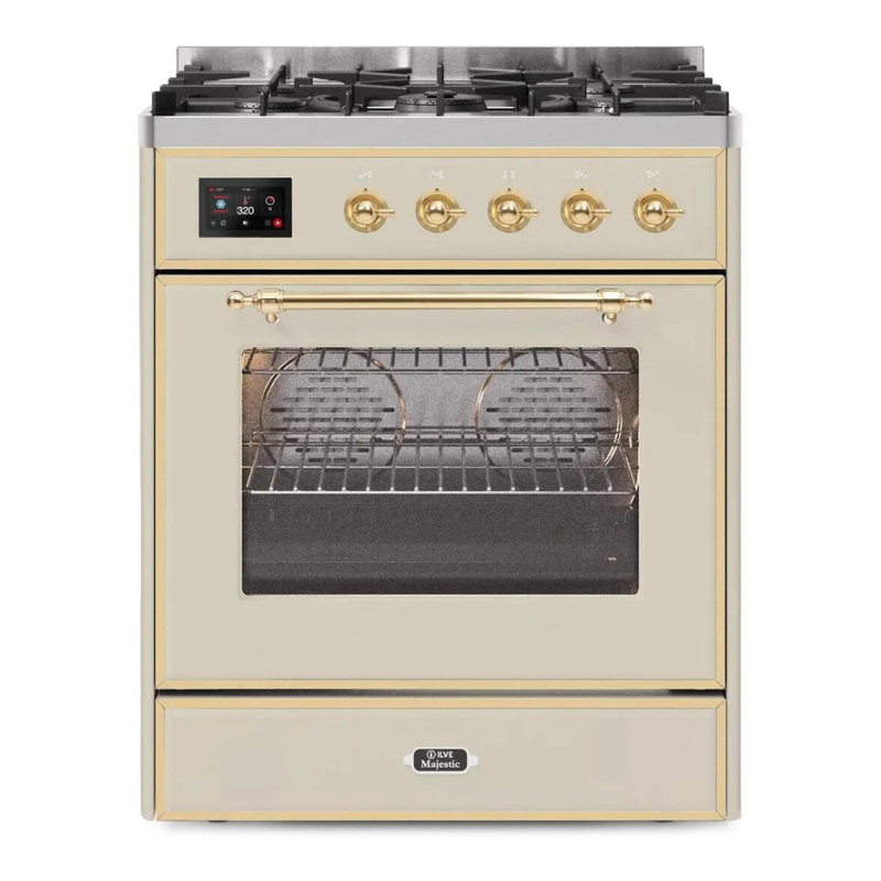 ILVE UM30DNE3AWGLP Majestic II 30" Dual Fuel Range (Liquid Propane, Triple Glass Door, Antique White, Brass)