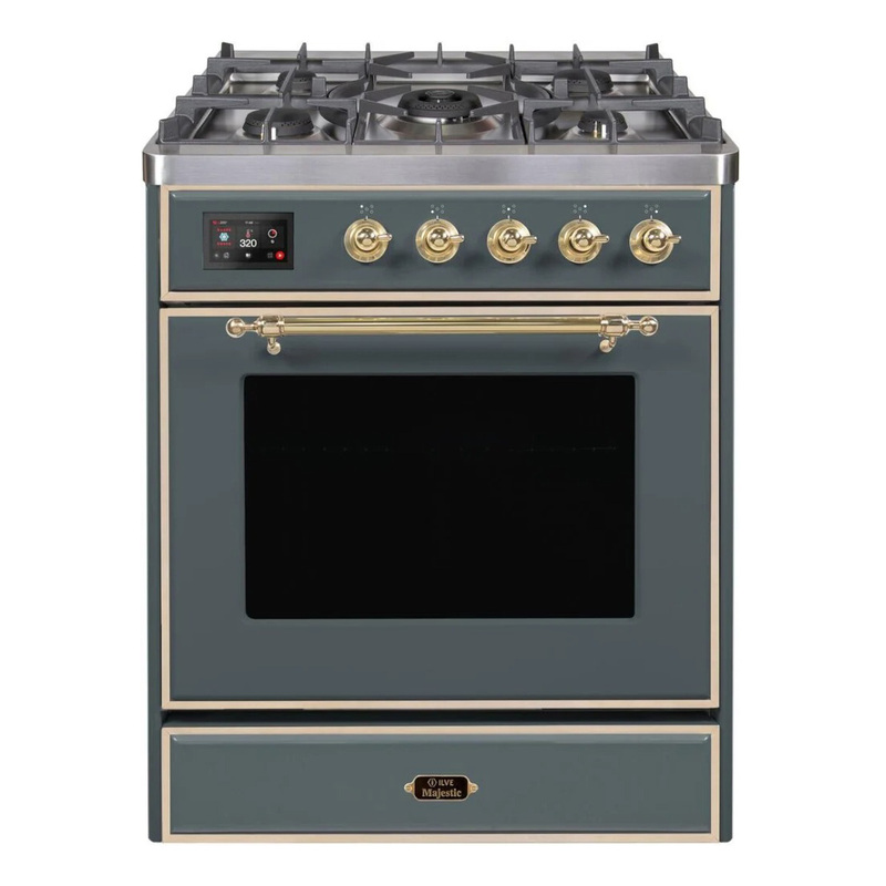 ILVE UM30DNE3BGGLP Majestic II 30" Dual Fuel Range (Liquid Propane, Triple Glass Door, Blue Grey, Brass)