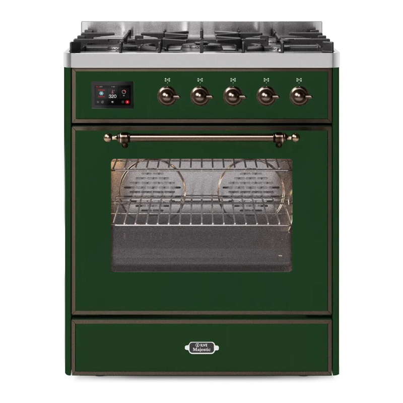 ILVE UM30DNE3EGBLP Majestic II 30" Dual Fuel Range (Liquid Propane, Triple Glass Door, Emerald Green, Burnished)