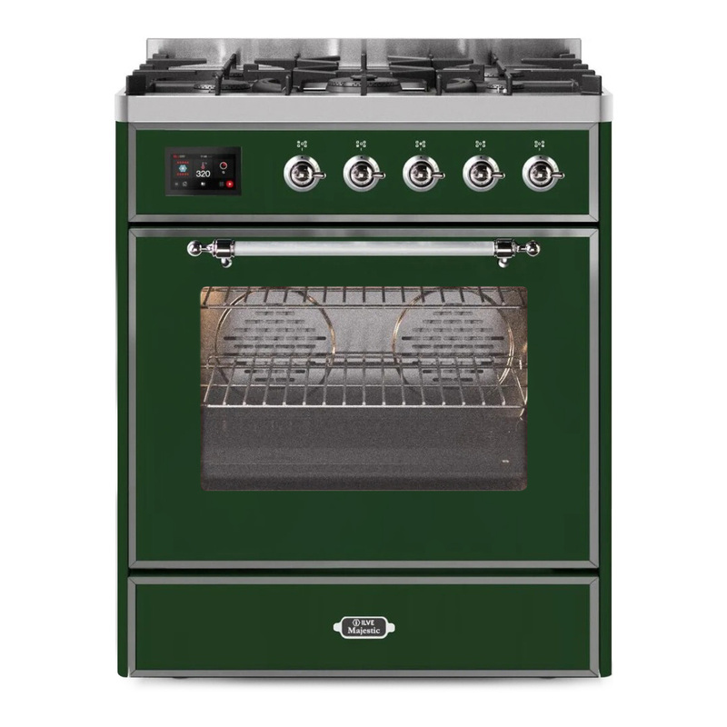 ILVE UM30DNE3EGC Majestic II 30" Dual Fuel Range (Natural Gas, Triple Glass Door, Emerald Green, Chrome)