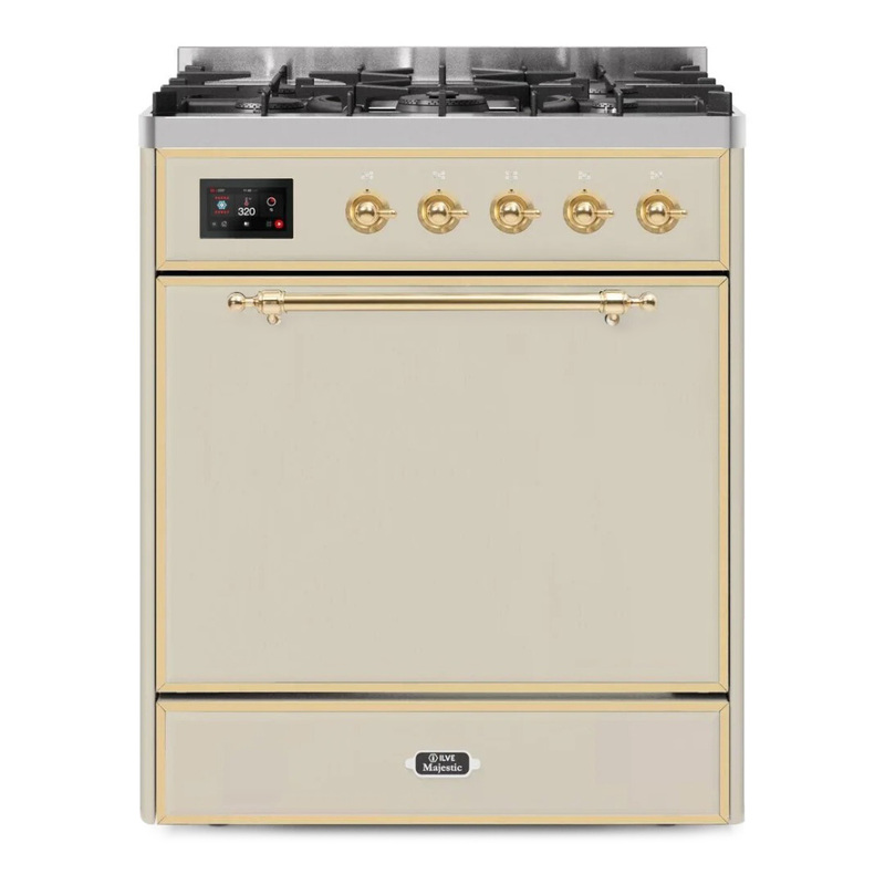 ILVE UM30DQNE3AWG Majestic II 30" Dual Fuel Range (Natural Gas, Solid Door, Antique White, Brass)