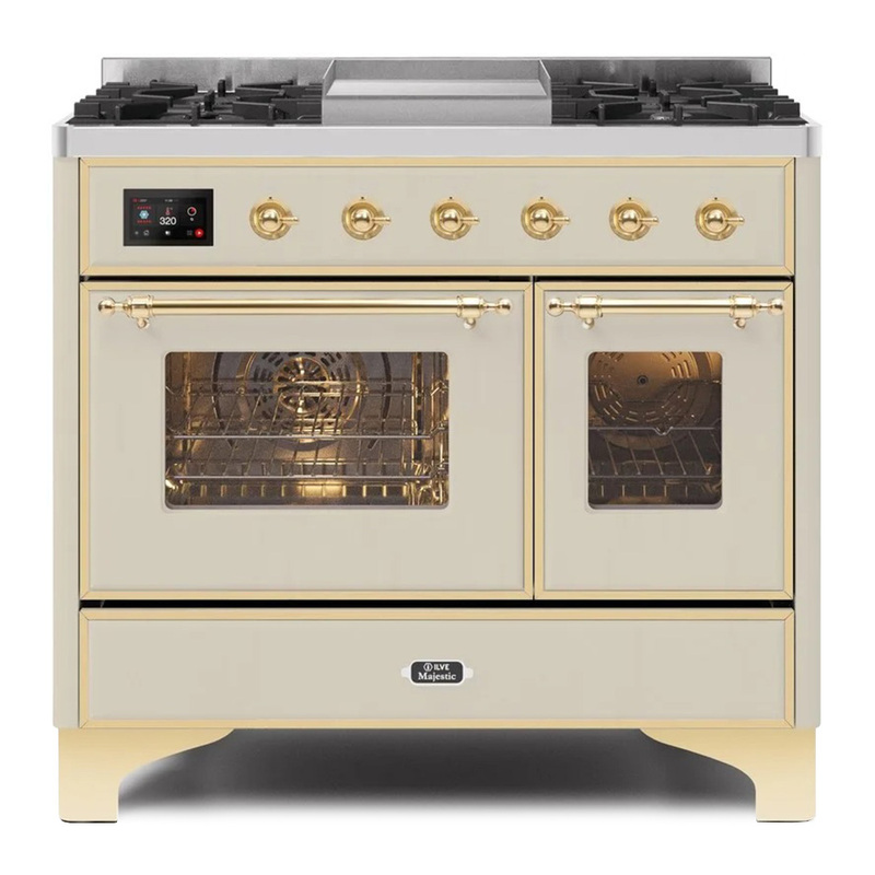 ILVE UMD10FDNS3AWG Majestic II 40" Dual Fuel Range  (Natural Gas, Triple Glass Door, Antique White, Brass)