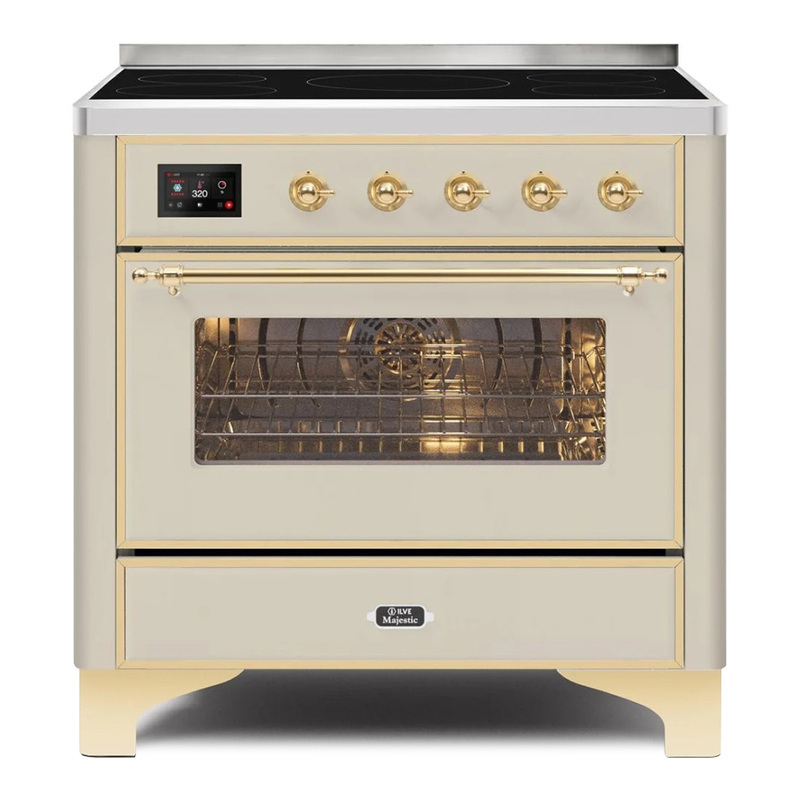 ILVE UMI09NS3AWG Majestic II 36" Induction Range (Triple Glass Door, Antique White, Brass)