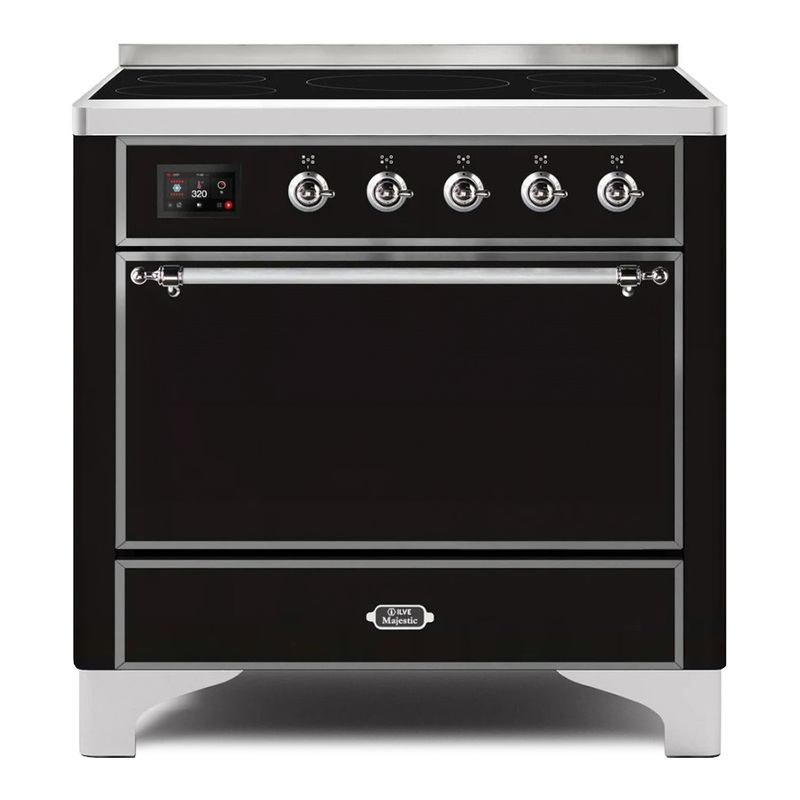ILVE UMI09QNS3BKC Majestic II 36" Induction Range (Solid Door, Glossy Black, Chrome)