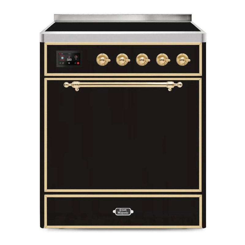 ILVE UMI30QNE3BKG Majestic II 30" Induction Range (Solid Door, Glossy Black, Brass)