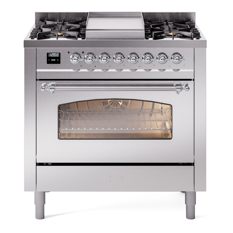 ILVE UP36FNMPSSC Nostalgie II 36" Dual Fuel Range (Natural Gas, Triple Glass Door, Stainless Steel, Chrome)