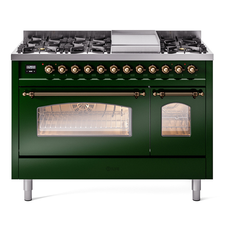 ILVE UP48FNMPEGB Nostalgie II 48" Dual Fuel Range (8 Sealed Burners + Griddle, Natural Gas, Triple Glass Door, Emerald Green, Bronze)