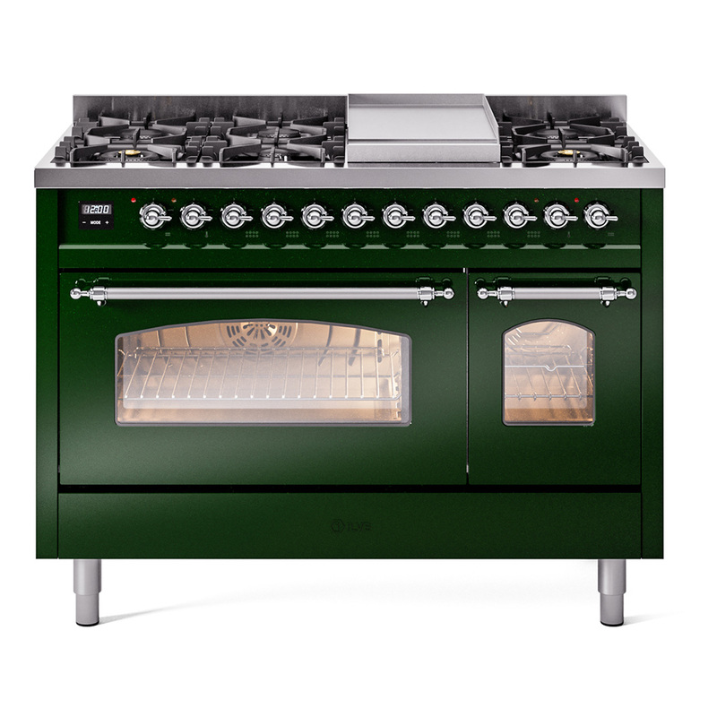 ILVE UP48FNMPEGCLP Nostalgie II 48" Dual Fuel Range (8 Sealed Burners + Griddle, Liquid Propane, Triple Glass Door, Emerald Green, Chrome)