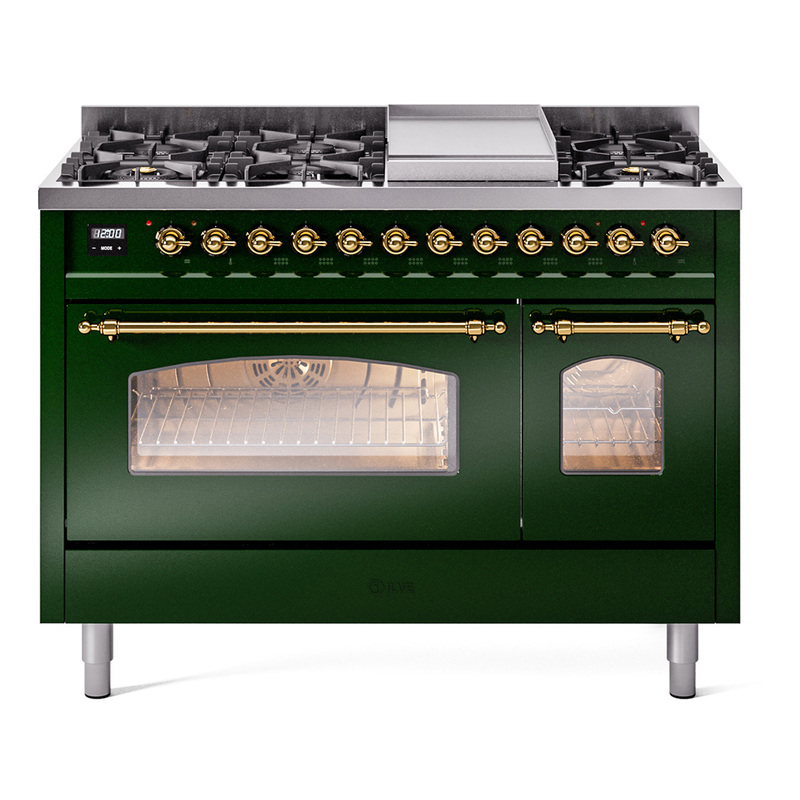 ILVE UP48FNMPEGGLP Nostalgie II 48" Dual Fuel Range (8 Sealed Burners + Griddle, Liquid Propane, Triple Glass Door, Emerald Green, Brass)