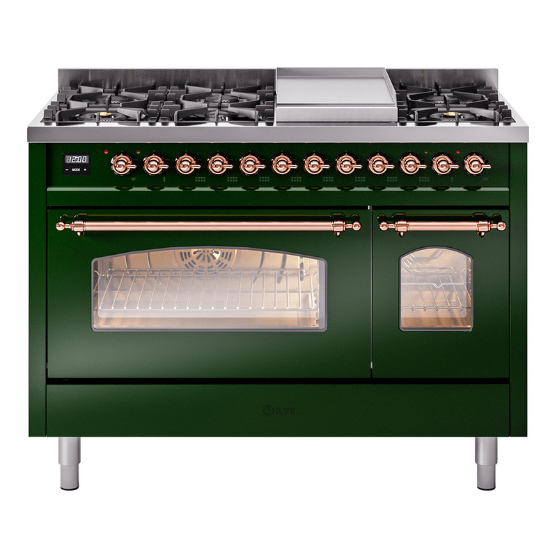 ILVE UP48FNMPEGPLP Nostalgie II 48" Dual Fuel Range (8 Sealed Burners + Griddle, Liquid Propane, Triple Glass Door, Emerald Green, Copper)