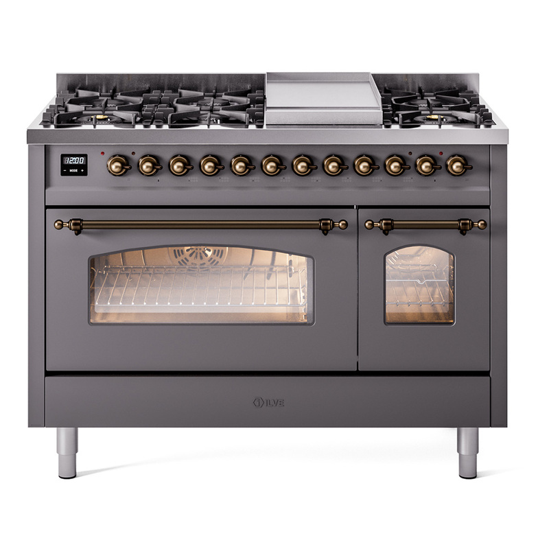 ILVE UP48FNMPMGB Nostalgie II 48" Dual Fuel Range (8 Sealed Burners + Griddle, Natural Gas, Triple Glass Door, Graphite Matte, Bronze)