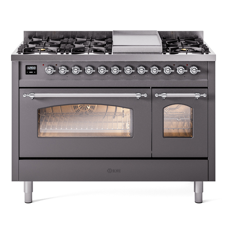 ILVE UP48FNMPMGCLP Nostalgie II 48" Dual Fuel Range (8 Sealed Burners + Griddle, Liquid Propane, Triple Glass Door, Graphite Matte, Chrome)