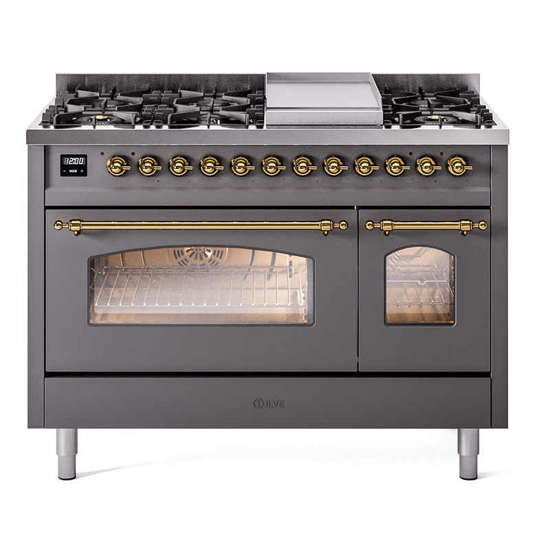 ILVE UP48FNMPMGGLP Nostalgie II 48" Dual Fuel Range (8 Sealed Burners + Griddle, Liquid Propane, Triple Glass Door, Graphite Matte, Brass)