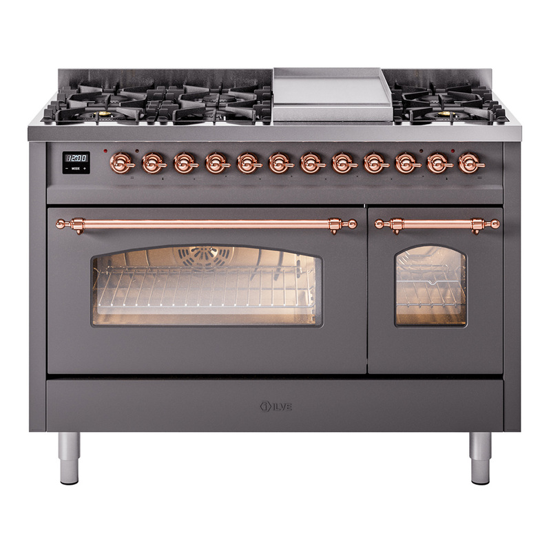 ILVE UP48FNMPMGPLP Nostalgie II 48" Dual Fuel Range (8 Sealed Burners + Griddle, Liquid Propane, Triple Glass Door, Graphite Matte, Copper)