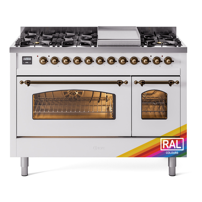 ILVE UP48FNMPRABLP Nostalgie II 48" Dual Fuel Range (8 Sealed Burners + Griddle, Liquid Propane, Triple Glass Door, RAL, Burnished)