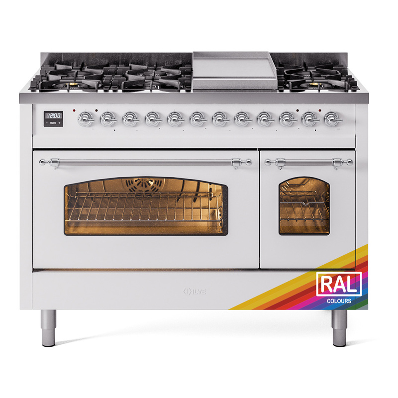 ILVE UP48FNMPRACLP Nostalgie II 48" Dual Fuel Range (8 Sealed Burners + Griddle, Liquid Propane, Triple Glass Door, RAL, Chrome)