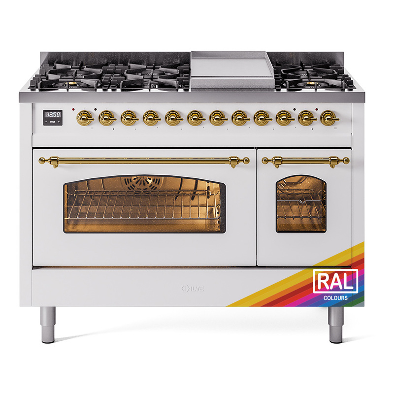 ILVE UP48FNMPRAGLP Nostalgie II 48" Dual Fuel Range (8 Sealed Burners + Griddle, Liquid Propane, Triple Glass Door, RAL, Brass)