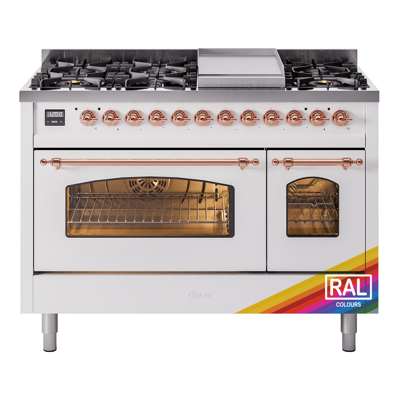 ILVE UP48FNMPRAPLP Nostalgie II 48" Dual Fuel Range (8 Sealed Burners + Griddle, Liquid Propane, Triple Glass Door, RAL, Copper)