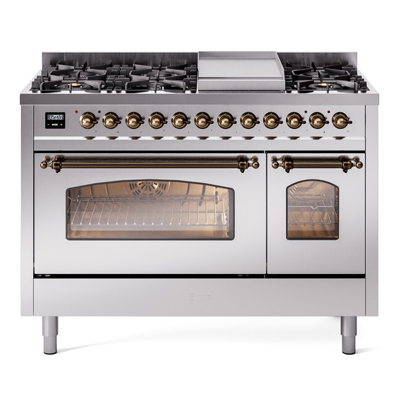 ILVE UP48FNMPSSBLP Nostalgie II 48" Dual Fuel Range (8 Sealed Burners + Griddle, Liquid Propane, Triple Glass Door, Stainless Steel, Burnished)