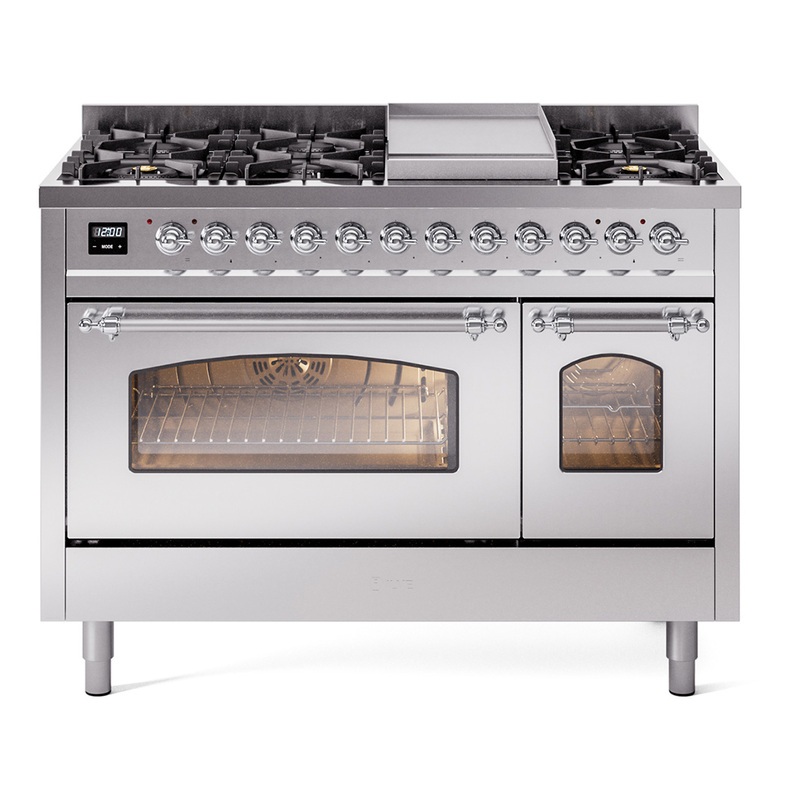 ILVE UP48FNMPSSCLP Nostalgie II 48" Dual Fuel Range (8 Sealed Burners + Griddle, Liquid Propane, Triple Glass Door, Stainless Steel, Chrome)