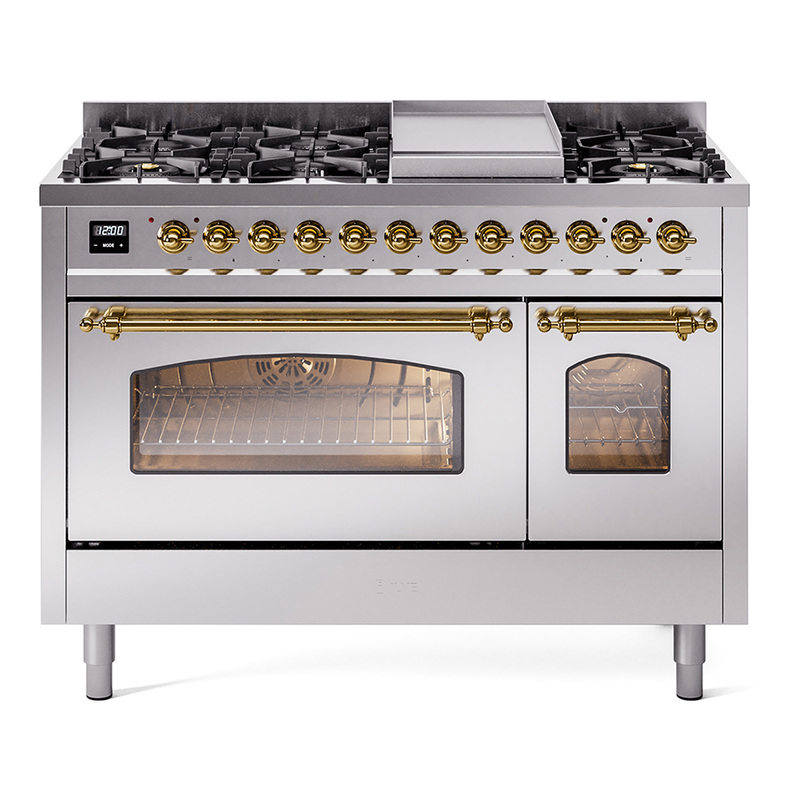 ILVE UP48FNMPSSGLP Nostalgie II 48" Dual Fuel Range (8 Sealed Burners + Griddle, Liquid Propane, Triple Glass Door, Stainless Steel, Brass)