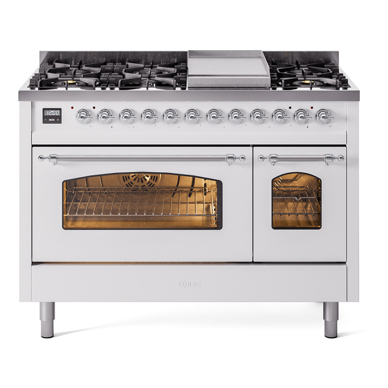 ILVE UP48FNMPWHC Nostalgie II 48" Dual Fuel Range (8 Sealed Burners + Griddle, Natural Gas, Triple Glass Door, White, Chrome)